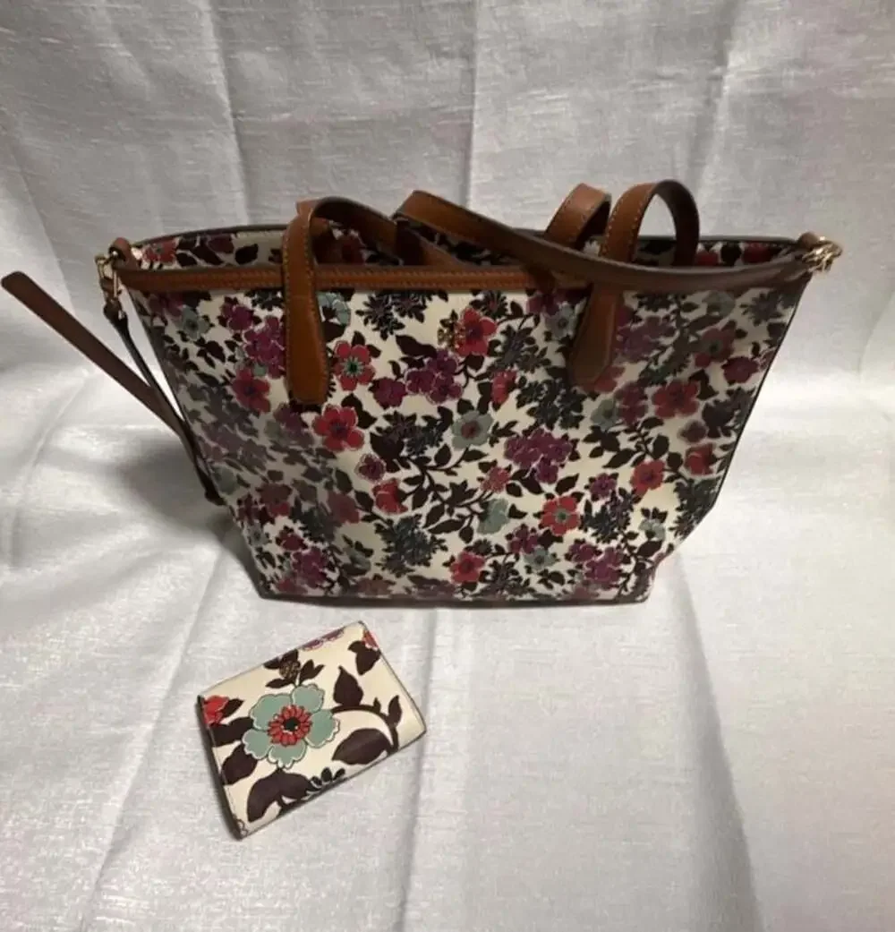 Tory Burch Kerrington Small Wallpaper Floral Coated Canvas Tote Bag&Wallet Set